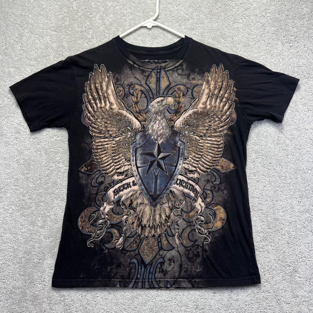 Cage Ape T-Shirt Mens Medium Black Seek & Destroy Eagle Cross Rhinestone Graphic